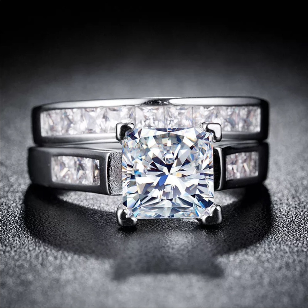 *NEW*2pc set 925 Silver Princess Cut Diamond Ring - Picture 3 of 5